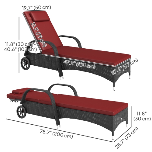 Outsunny Wicker Chaise Lounge, Outdoor Lounge Chair, PE Rattan Patio Sun lounger with Head-rest, 5-Level Height Adjust Backrest, Cushion & Wheels,