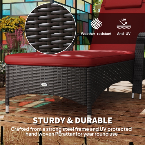 Outsunny Wicker Chaise Lounge, Outdoor Lounge Chair, PE Rattan Patio Sun lounger with Head-rest, 5-Level Height Adjust Backrest, Cushion & Wheels,