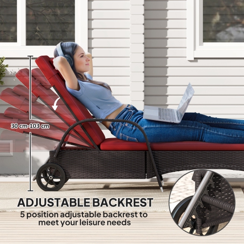 Outsunny Wicker Chaise Lounge, Outdoor Lounge Chair, PE Rattan Patio Sun lounger with Head-rest, 5-Level Height Adjust Backrest, Cushion & Wheels,