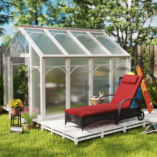 Outsunny Wicker Chaise Lounge, Outdoor Lounge Chair, PE Rattan Patio Sun lounger with Head-rest, 5-Level Height Adjust Backrest, Cushion & Wheels,