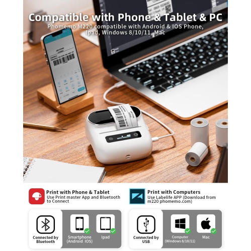 Phomemo M220 Bluetooth Portable Thermal Business Label Maker for store and shop - with 1 roll of paper inside