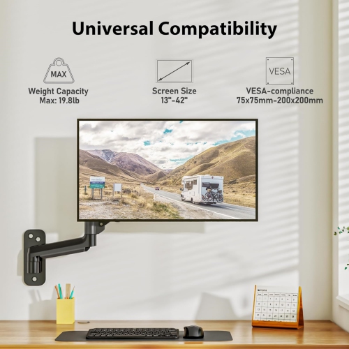 Monitor Wall Mount for 13-42 Inch Screens, Gas Spring Wall Monitor Arm Holds Up to 9kg, Adjustable Tilt Swivel Wall Monitor Mount, Single Arm with