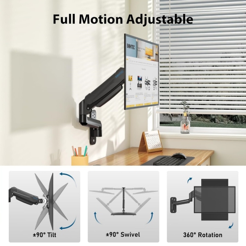 Monitor Wall Mount for 13-42 Inch Screens, Gas Spring Wall Monitor Arm Holds Up to 9kg, Adjustable Tilt Swivel Wall Monitor Mount, Single Arm with