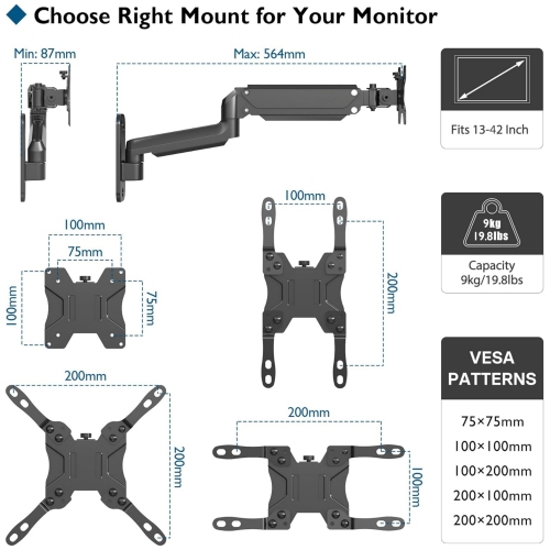 Monitor Wall Mount for 13-42 Inch Screens, Gas Spring Wall Monitor Arm Holds Up to 9kg, Adjustable Tilt Swivel Wall Monitor Mount, Single Arm with