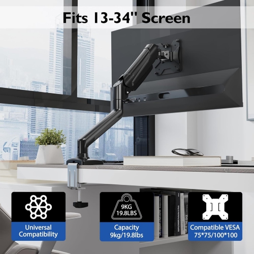 Single Arm Monitor Desk Mount for 13-34 inch Screen, Tilt, Swivel, Rotation, Ergonomic Gas Spring Monitor Stand with Cable Management, VESA 75/100mm