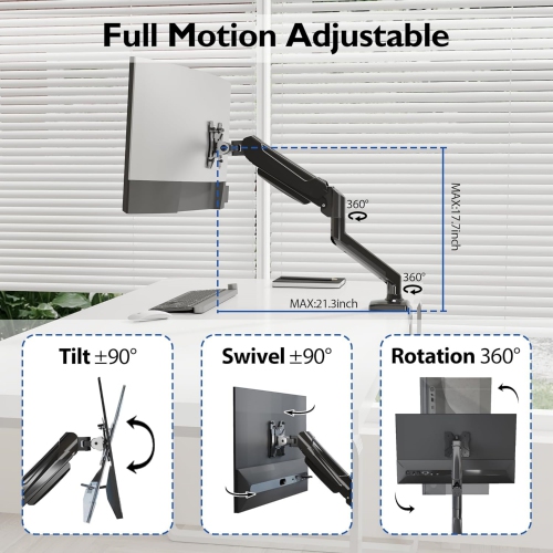 Single Arm Monitor Desk Mount for 13-34 inch Screen, Tilt, Swivel, Rotation, Ergonomic Gas Spring Monitor Stand with Cable Management, VESA 75/100mm