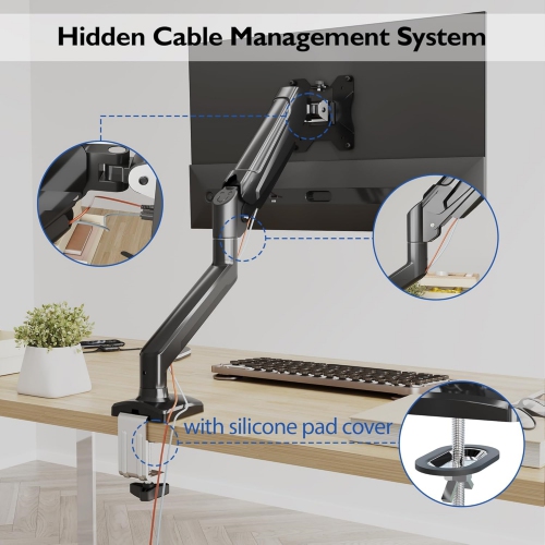 Single Arm Monitor Desk Mount for 13-34 inch Screen, Tilt, Swivel, Rotation, Ergonomic Gas Spring Monitor Stand with Cable Management, VESA 75/100mm