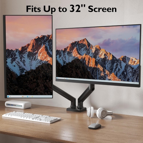 Dual Monitor Desk Mount for 32 inch Screens, Ergonomic Gas Spring Arm Stand with Cable Management, Tilt, Swivel, Rotation, VESA 75/100 mm