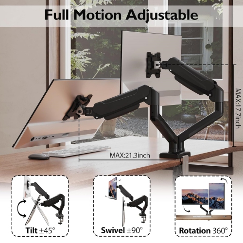 Dual Monitor Desk Mount for 32 inch Screens, Ergonomic Gas Spring Arm Stand with Cable Management, Tilt, Swivel, Rotation, VESA 75/100 mm