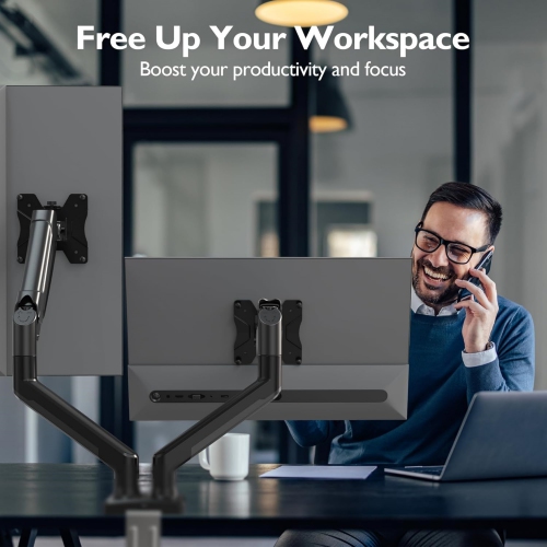 Dual Monitor Desk Mount for 32 inch Screens, Ergonomic Gas Spring Arm Stand with Cable Management, Tilt, Swivel, Rotation, VESA 75/100 mm