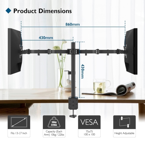 Dual Monitor Stand for 13-27 inch Screens, Ergonomic Double Monitor Mount Stands, Height Adjustable Dual Monitor Arm Bracket Tilt 90° Swivel 180°