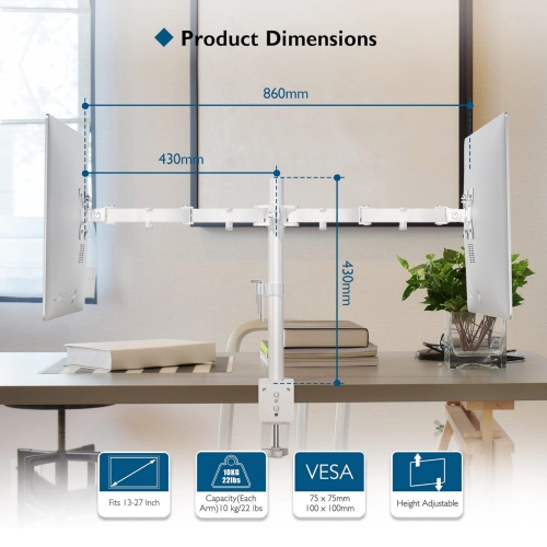 Dual Monitor Stand for 13-27 inch Screens, Ergonomic Double Monitor Mount Stands, Height Adjustable Dual Monitor Arm Bracket Tilt 90° Swivel 180°