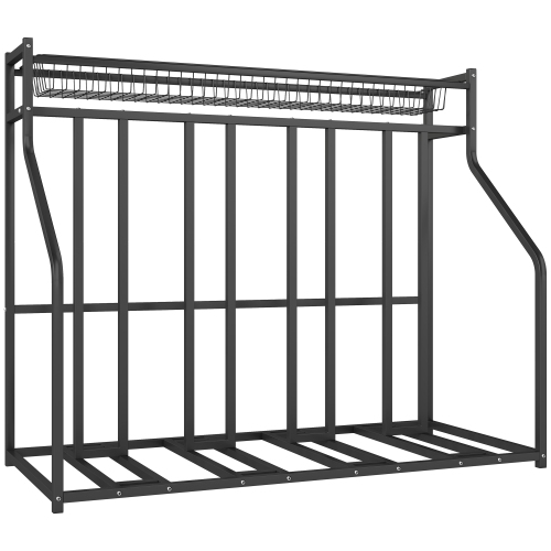 Soozier Bike Stand Rack, 4 Bicycle Floor Bike Rack, Metal Bike Storage Rack with Basket and Hooks, Indoor Outdoor Bicycle Stand Garage Organizer for