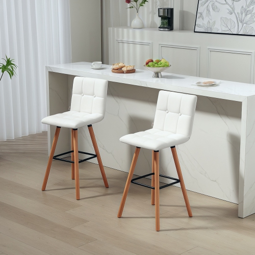 HOMCOM Modern Bar Stools Set of 2, 38" Upholstered Kitchen Island Stool with Solid Wood Legs, Backrest and Steel Footrest for Dining Room, Kitchen,
