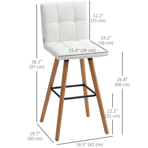 HOMCOM Modern Bar Stools Set of 2, 38" Upholstered Kitchen Island Stool with Solid Wood Legs, Backrest and Steel Footrest for Dining Room, Kitchen,