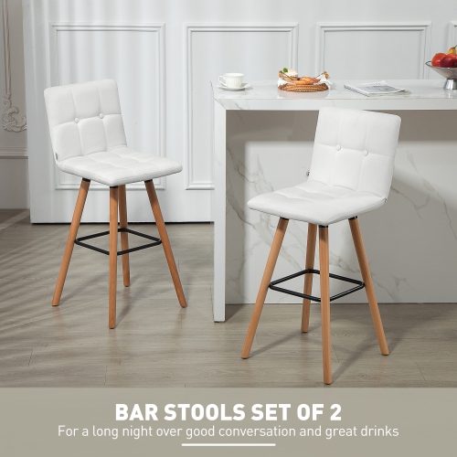 HOMCOM Modern Bar Stools Set of 2, 38" Upholstered Kitchen Island Stool with Solid Wood Legs, Backrest and Steel Footrest for Dining Room, Kitchen,