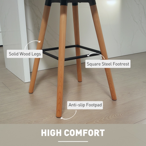 HOMCOM Modern Bar Stools Set of 2, 38" Upholstered Kitchen Island Stool with Solid Wood Legs, Backrest and Steel Footrest for Dining Room, Kitchen,