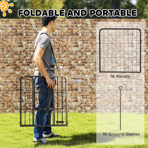 PawHut – Parc pour chien à 16 panneaux, clôture robuste pour animaux 22 larg. X 24 haut., porte et courroie pour jardin intérieur extérieur, portatif