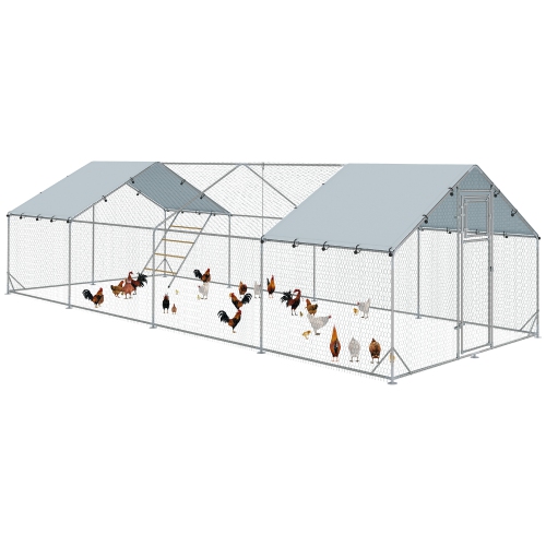 PawHut Chicken Run, Large Metal Chicken Coop with Feeding Door, Waterproof & UV-Resistant Cover, Hanging Feeder, Perch, Poultry Cage for Outdoor,