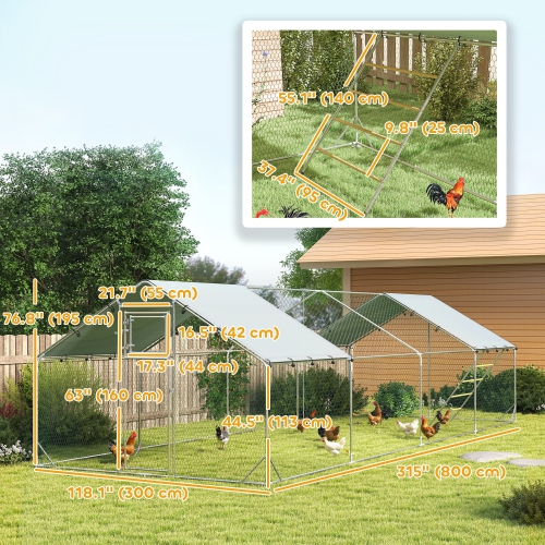 PawHut Chicken Run, Large Metal Chicken Coop with Feeding Door, Waterproof & UV-Resistant Cover, Hanging Feeder, Perch, Poultry Cage for Outdoor,