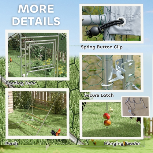 PawHut Chicken Run, Large Metal Chicken Coop with Feeding Door, Waterproof & UV-Resistant Cover, Hanging Feeder, Perch, Poultry Cage for Outdoor,