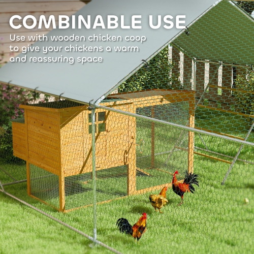 PawHut Chicken Run, Large Metal Chicken Coop with Feeding Door, Waterproof & UV-Resistant Cover, Hanging Feeder, Perch, Poultry Cage for Outdoor,