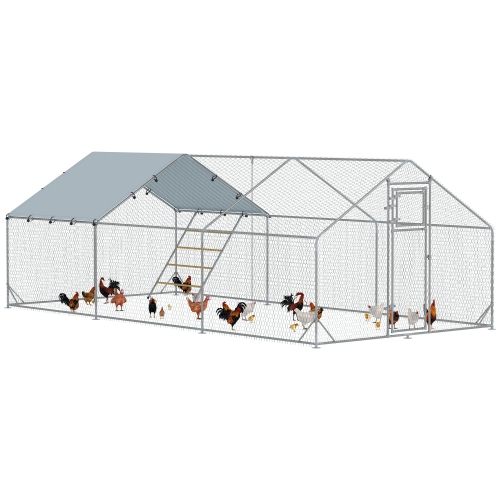 PawHut Chicken Run, Large Metal Chicken Coop with Feeding Door, Waterproof & UV-Resistant Cover, Hanging Feeder, Perch, Poultry Cage for Outdoor,