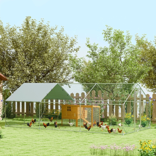 PawHut Chicken Run, Large Metal Chicken Coop with Feeding Door, Waterproof & UV-Resistant Cover, Hanging Feeder, Perch, Poultry Cage for Outdoor,