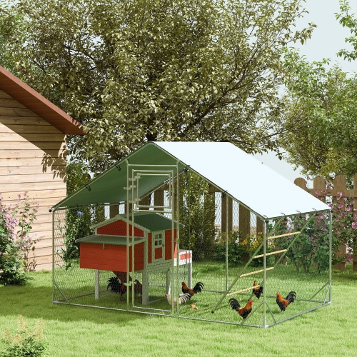 PawHut Chicken Run, Large Metal Chicken Coop with Feeding Door, Waterproof & UV-Resistant Cover, Hanging Feeder, Perch, Poultry Cage for Outdoor,