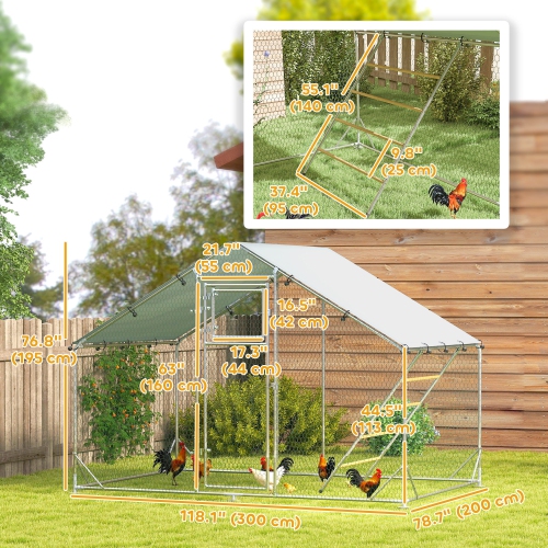 PawHut Chicken Run, Large Metal Chicken Coop with Feeding Door, Waterproof & UV-Resistant Cover, Hanging Feeder, Perch, Poultry Cage for Outdoor,
