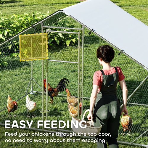 PawHut Chicken Run, Large Metal Chicken Coop with Feeding Door, Waterproof & UV-Resistant Cover, Hanging Feeder, Perch, Poultry Cage for Outdoor,