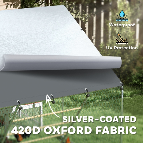 PawHut Chicken Run, Large Metal Chicken Coop with Feeding Door, Waterproof & UV-Resistant Cover, Hanging Feeder, Perch, Poultry Cage for Outdoor,