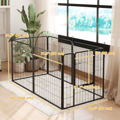 PawHut Dog Playpen, 31.5"W Heavy-Duty Metal Puppy Play Pen, Pet Exercise Fences for Outside and Indoor, DIY Design with Door for Medium Dogs, 6
