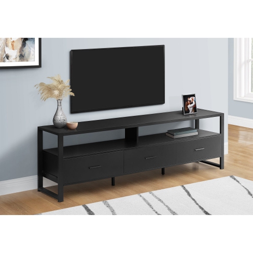 Monarch Specialties I 2845 - Tv Stand, 72 Inch, Media Entertainment Center, Storage Drawers, Black Laminate, Black Metal, Contemporary, Modern