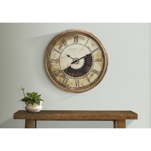Monarch Specialties I 9034 - Clocks, 30" Round, Gear Mechanism, Large Oversized, Wall Clock, Antique Gold, Transitional"