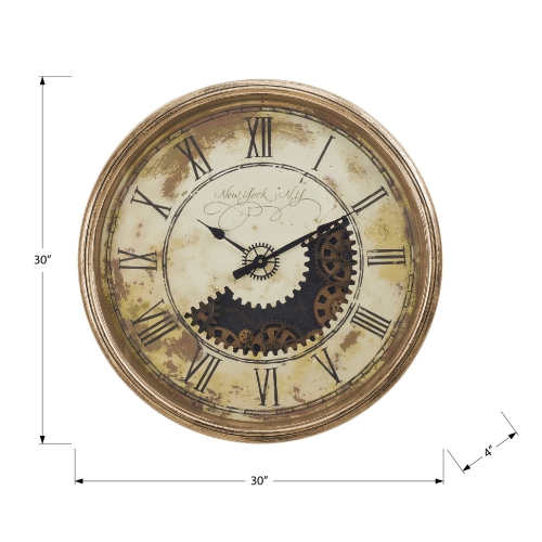 Monarch Specialties I 9034 - Clocks, 30" Round, Gear Mechanism, Large Oversized, Wall Clock, Antique Gold, Transitional"