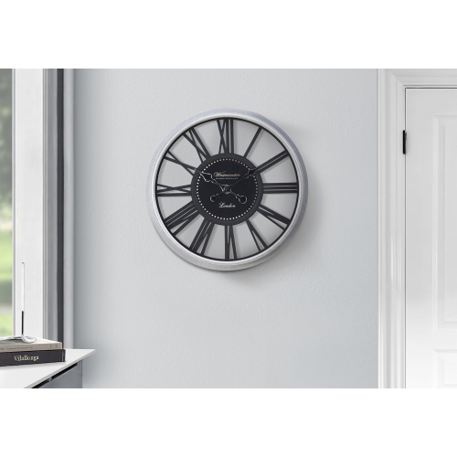 Monarch Specialties I 9056 - Clocks, 20" Round, Wall Clock, Black, Silver, Transitional