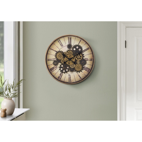 Monarch Specialties I 9063 - Clocks, 20" Round, Gear Mechanism, Wall Clock, Brown, Transitional