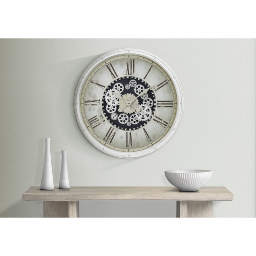 Monarch Specialties I 9033 - Clocks, 30" Round, Gear Mechanism, Large Oversized, Wall Clock, White, Transitional