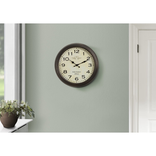 Monarch Specialties I 9080 - Clocks, 16" Round, Wall Clock, Antique Brown, Transitional