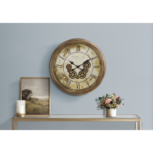 Monarch Specialties I 9071 - Clocks, 23" Round, Gear Mechanism, Wall Clock, Antique Brown, Transitional
