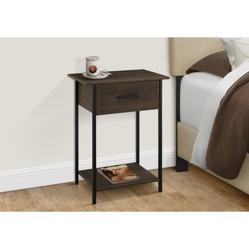 Monarch Specialties I 3816 - Accent Table, 2 Tier, End, Lamp, Living Room, Side Table, Storage Drawer, Small, Dark Oak Laminate, Black Metal,