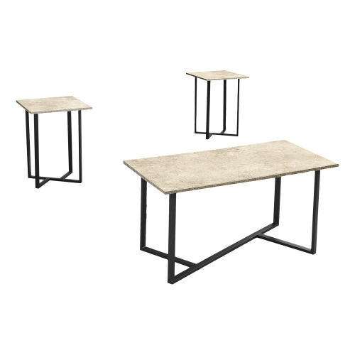 Monarch Specialties I 7974P - Table Set, 3pcs Set, Coffee, End, Living Room, Cream Stone Laminate, Black Metal, Contemporary, Modern
