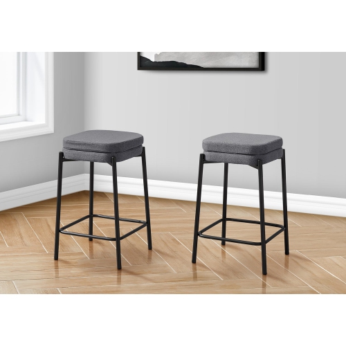 Monarch Specialties I 2226 - Barstool, Counter Height, Set Of 2, Kitchen, Grey Fabric, Black Metal, Contemporary, Modern