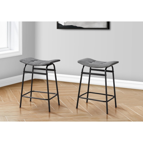 Monarch Specialties I 2385 - Barstool, Counter Height, Set Of 2, Kitchen, Grey Fabric, Black Metal, Contemporary, Modern