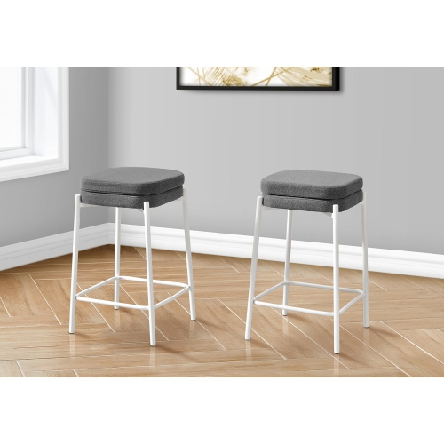 Monarch Specialties I 2227 - Barstool, Counter Height, Set Of 2, Kitchen, Grey Fabric, White Metal, Contemporary, Modern