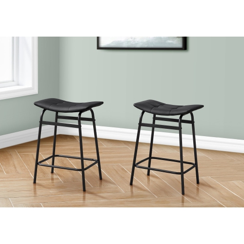 Monarch Specialties I 2384 - Barstool, Counter Height, Set Of 2, Kitchen, Black Leather Look, Black Metal, Contemporary, Modern
