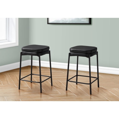 Monarch Specialties I 2225 - Barstool, Counter Height, Set Of 2, Kitchen, Black Leather Look, Black Metal, Contemporary, Modern