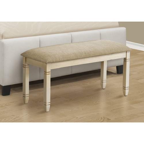 Monarch Specialties I 1266 - Bench, 41" Rectangular, Kitchen, Dining Room, Entryway, Bedroom, Upholstered, Wood, Antique White Solid Wood, Beige
