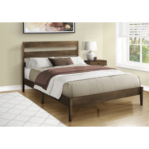 Monarch Specialties I 6066Q - Bed, Queen Size, Frame Only, Platform Bed, Bedroom, Walnut Solid Wood Legs, Walnut Wood Frame, Contemporary, Modern